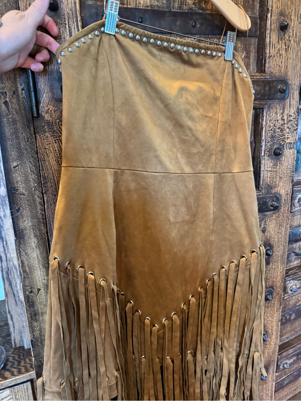 Fringed Suede-Look Dress with Stud Trim - Picture 3 of 11